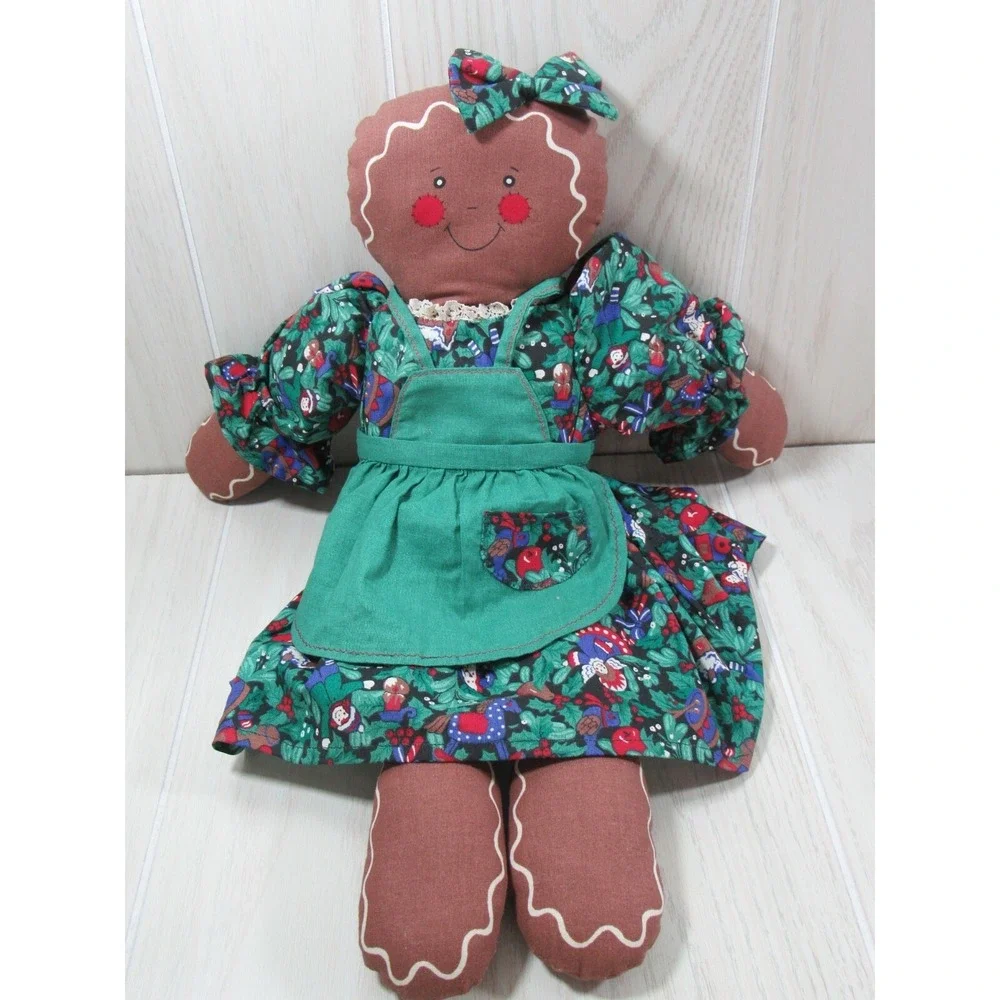 Gingerbread girl‎ plush rag doll green print holly berry dress probably handmade